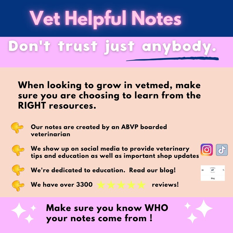 May include: A promotional graphic with text in pink and white, advertising veterinary notes. The text includes "Vet Helpful Notes" and "Don't trust just anybody." It highlights the notes' creation by a boarded veterinarian and social media presence.