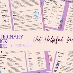 Puede incluir: Una guía veterinaria rápida con notas útiles, que presenta tablas con signos vitales, dosis de medicamentos e información sobre trastornos respiratorios. La guía está sobre un fondo rosa con texto en negro y morado.
