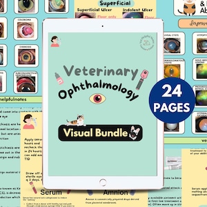 May include: A digital tablet displays a veterinary ophthalmology visual bundle with the text "Veterinary Ophthalmology" and "Visual Bundle." The image includes illustrations of eye conditions and a "24 PAGES" graphic.