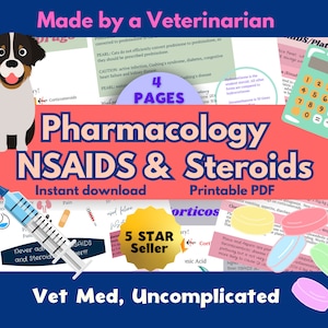 Puede incluir: Una guía de descarga digital colorida para veterinarios sobre la farmacología de los AINE y los esteroides. La guía presenta un perro de dibujos animados, una jeringa, píldoras y una calculadora. El texto "Made by a Veterinarian" y "Vet Med, Uncomplicated" también está incluido.