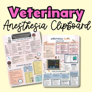 Pode incluir: Duas pastas de anestesia veterin&aacute;ria rosa e branca com listas de verifica&ccedil;&atilde;o e gr&aacute;ficos para monitoriza&ccedil;&atilde;o pr&eacute;-operat&oacute;ria, perioperat&oacute;ria e intraoperat&oacute;ria. As pastas apresentam ilustra&ccedil;&otilde;es de animais de desenho animado e equipamentos m&eacute;dicos.