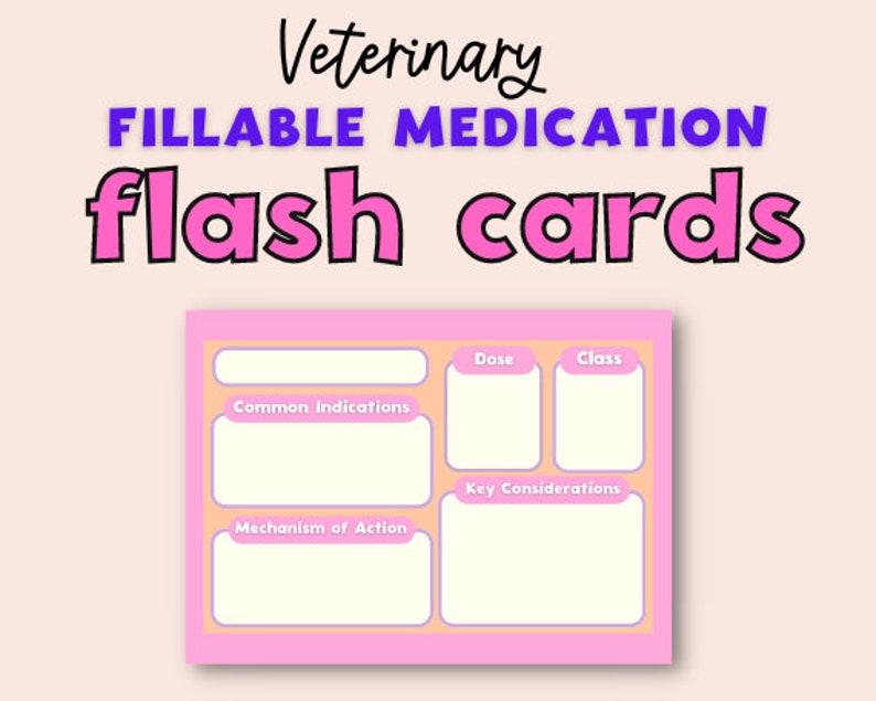 Drug Card Template Veterinary Pharmacology Flashcards Revision Etsy