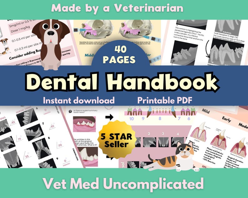 May include: A dental handbook with the title "Dental Handbook" and the text "Instant download Printable PDF". The cover features a cartoon dog and cat, along with dental diagrams and the text "40 PAGES". The text "Vet Med Uncomplicated" is also present.