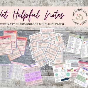 May include: A set of 24 printable veterinary pharmacology notes for canine and feline animals. The notes are organized into categories such as GI medications, anti-inflammatory drugs, and cardiovascular drugs. The notes are in a pink and green color scheme with a white background.