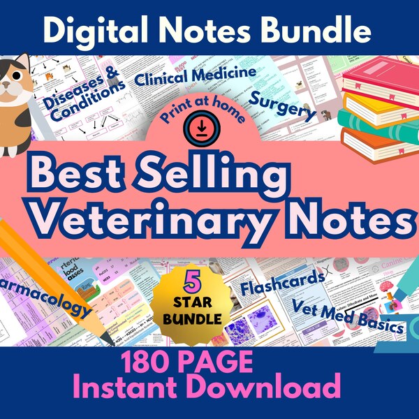 BEST SELLING 180 page Vet Tech Notes, Vet Med Study Guide, VTNE Prep:  Entire Collection Bundle