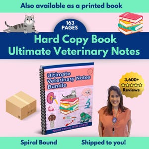 May include: A spiral-bound book titled Ultimate Veterinary Notes Bundle with 163 pages. The cover features illustrations of a cat, a dog, a kidney, a brain, a microscope, and a thermometer. The text includes the author name Nicole Cohen, DVM DABVP.