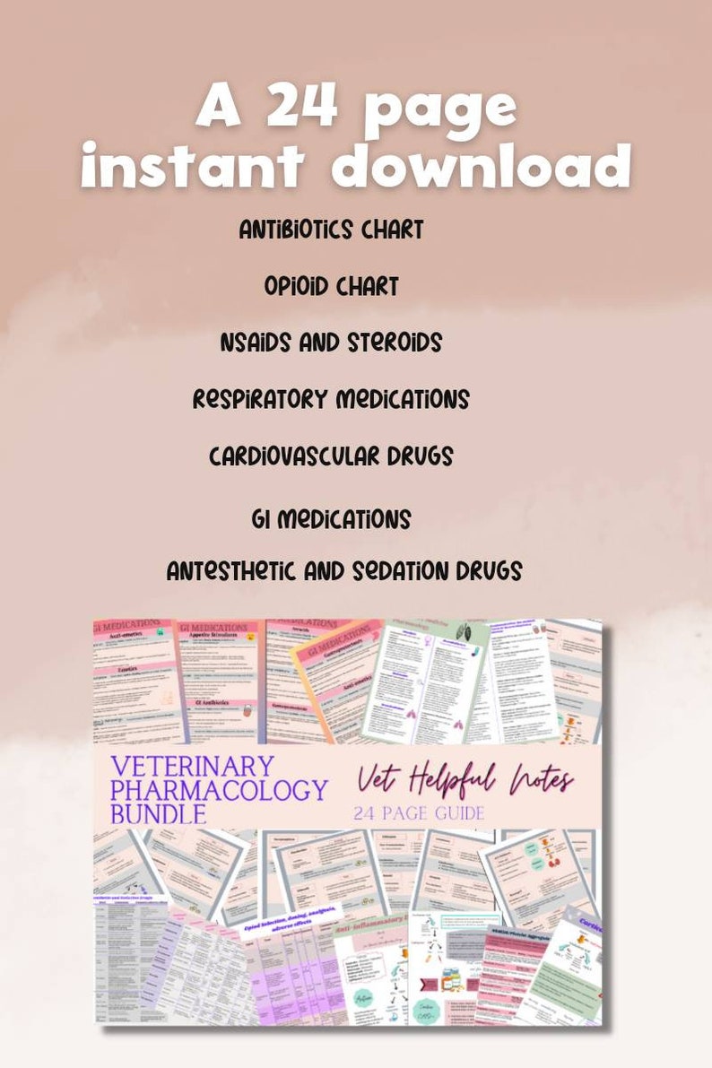 May include: A 24-page guide to veterinary pharmacology, featuring charts and diagrams on antibiotics, opioids, NSAIDs, steroids, respiratory medications, cardiovascular drugs, GI medications, and anesthetic and sedation drugs. The guide is titled "Vet Helpful Notes" and is a printable download.
