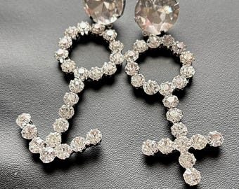 Theta Venus Mars Life Key Symbol Women Men Gender Icon Dangle Earrings, Silver Stone Shining Jewelry, Birthday Valentine's Day Gift