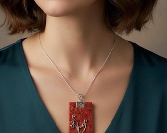 Boho Style Red Coral Pendant Women’s Necklace with Sterling Silver Chain Jewelry, Anniversary Birthday Christmas Day gift for Her