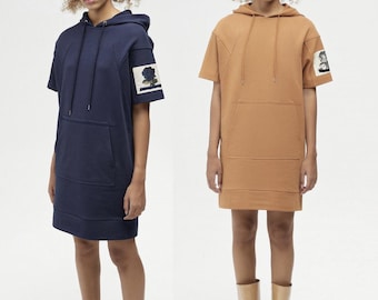 Vestido tipo sudadera con capucha para mujer: Vestido informal de manga corta para mujer