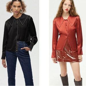 Wide Collared Satin Shirt Long Sleeve Woman Blouse, Silky Top, Elegant Women&#39;s Top Fashion Collar Detail, Black Satin Shirt
