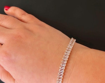 Pulsera de mujer con aspecto de diamante baguette, brazalete de joyería, regalo de aniversario, cumpleaños o Navidad - Baño de laca color oro