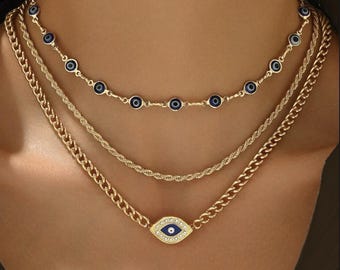 Women’s Boho Layered Evil Lucky Demon Eye 3 pieces Fashion Chain Choker Pendant Necklace Jewelry , Birthday Summer Gift for her