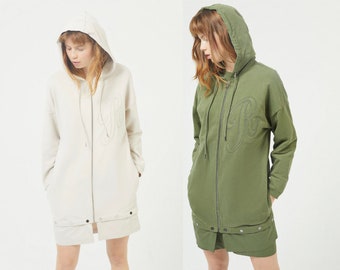 Sudadera tipo túnica larga para mujer, tops, vestido deportivo, sudadera con capucha y cremallera, cárdigan de abrigo.