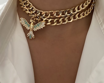 Gargantilla de doble hilera con colgante de fénix en color dorado para mujer, joyería con piedras de circonita, regalo para ella