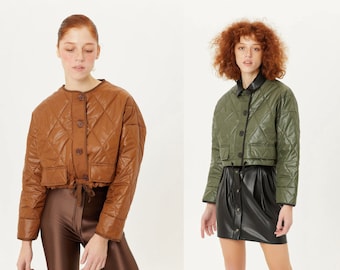 Buttoned Crop Quilted Jacket - Women's Spring Outerwear