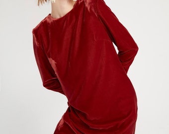 Vestido mini de terciopelo rojo para mujer: elegante vestido de cóctel de manga larga para mujer.