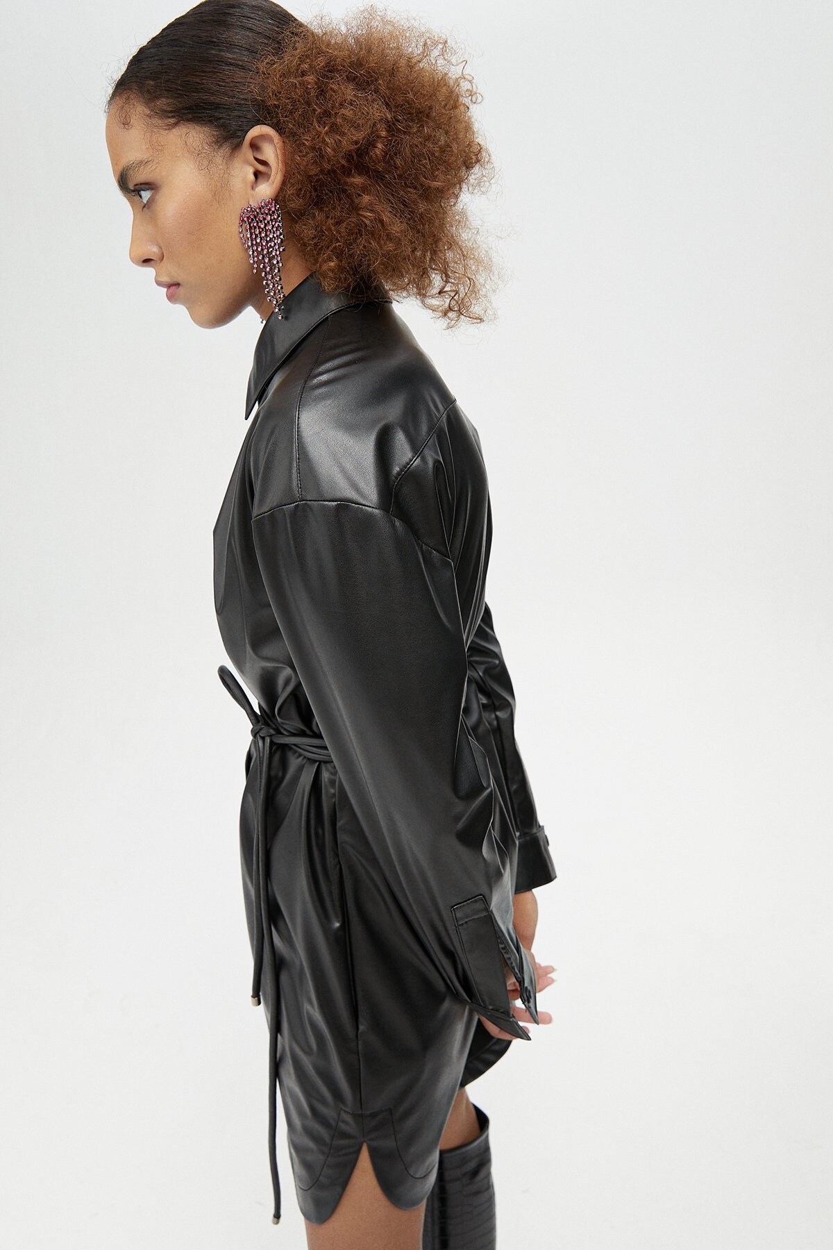 Women's Faux Leather Shirt Dress: Black Belted Mini Dress for Christmas Party