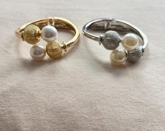 Boho Retro Vintage Style Women's Cuff Faux Pearl Bangle Bracelet Jewelry, Valentine's Day Birthday Gift for Her