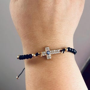 Cross Pendant Black Crystal Beaded Lucky Evil Eye Adjustable Unisex Stone Bracelet Jewelry, Gift for Him and Her