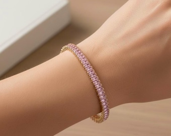 Baguette Pink Diamond Look Women’s Bracelet Jewelry Bangles , Anniversary Birthday Valentine's Day Gift for her