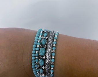 Conjunto de pulseras estilo boho western con diseño de textura de cuentas azules: Brazaletes modernos de vaquera, 5 piezas de joyería