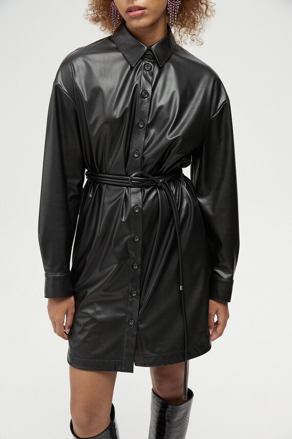 Women's Faux Leather Shirt Dress: Black Belted Mini Dress for Christmas Party Women's Faux Leather Shirt Dress: Black Belted Mini Dress for Christmas Party