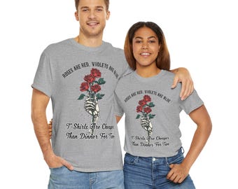 Vintage Schädel Rosen Humor Tee, Unisex aus schwerer Baumwolle T-Shirt, lustiges Geschenk für Sie / Ihn, Valentinstag, Jahrestag, Freizeitkleidung, Geschenk für Paare