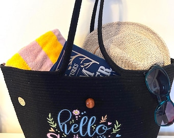 Bolso de hombro para mujer de punto estilo bohemio hecho a mano, bolso de fiesta de playa de verano, regalo para el Día de la Madre, bolso grande negro estilo cuerda.