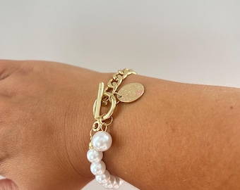 Pulsera vintage con colgante geométrico redondo y cadena de perlas para mujer, joya encantadora para cumpleaños y Navidad.