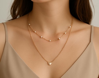 Collar de mujer con cadena de corazón de oro y perlas en capas: joyería nupcial para novias