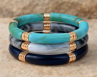 Conjunto de 3 pulseras de resina elástica de bambú estilo bohemio colorido para mujer, joyería para regalo de novia, aniversario, cumpleaños, regalo de madre para ella.