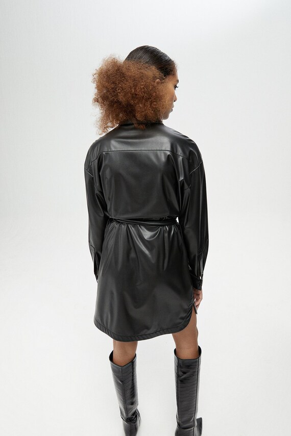 Women's Faux Leather Shirt Dress: Black Belted Mini Dress for Christmas Party Women's Faux Leather Shirt Dress: Black Belted Mini Dress for Christmas Party