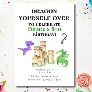Invitación para fiesta de cumpleaños de Dragon Masters - Plantilla digital - EDITABLE en CANVA