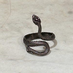 Könnte beinhalten: Ein dunkler Metallring in Form einer gewundenen Schlange mit einer texturierten, schuppigen Oberfläche. Der Kopf der Schlange ist erhoben und ihr Körper windet sich zu einem Ringband. Das Finish ist in einem tiefen Dunkelgrau oder Schwarz gehalten.