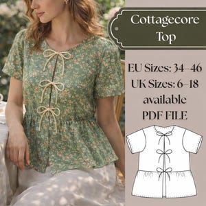 Könnte beinhalten: Ein grünes Oberteil mit Blumenmuster, kurzen Ärmeln und drei cremefarbenen Schleifenbändern vorne. Der Text lautet Cottagecore Top, EU Sizes: 34-46, UK Sizes: 6-18 available, PDF FILE. Eine schwarz-weiße Strichzeichnung des Oberteils ist abgebildet.