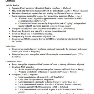 May include: A black and white handout titled "Constitutional Law I Outline" with a checklist of topics including Judicial Review, Federalism, and the Commerce Clause. The document lists key Supreme Court cases related to each topic.