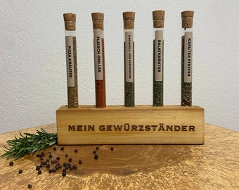 Gewürzständer klein 5er personalisiert, Gewürzregal aus Altholz