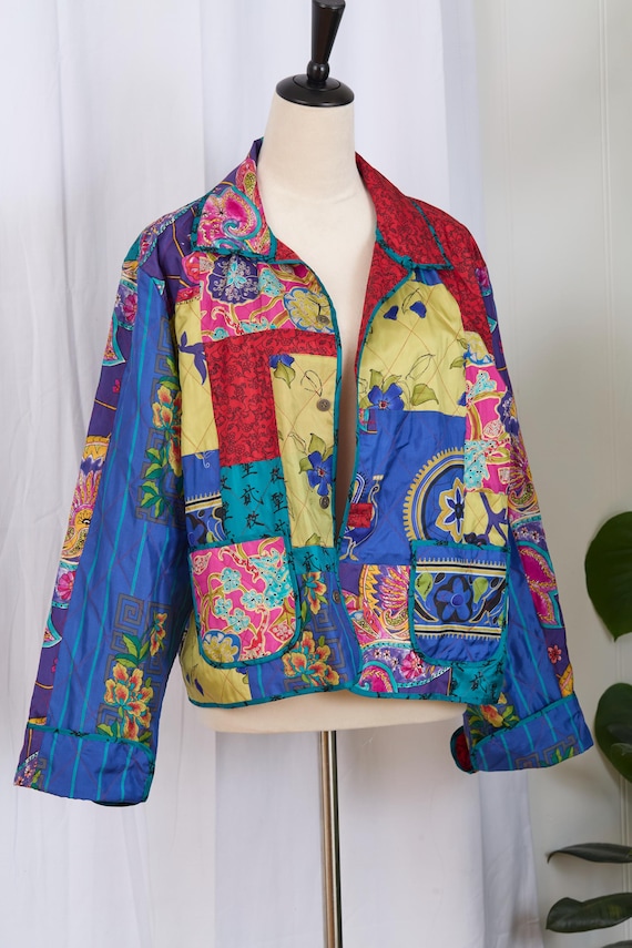 Vintage Patchwork Quilted Silk Jacket – Colorful … - image 1