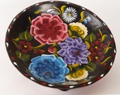 Hand carved hand-painted Mexican Batea tray with hand painted flowers - folk art - vintage 60s - 2in high by 17 in w