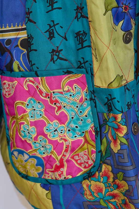 Vintage Patchwork Quilted Silk Jacket – Colorful … - image 7
