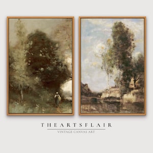 May include: Two framed landscape paintings in a muted color palette. The painting on the left depicts a lone figure walking through a forest with a large tree in the background. The painting on the right shows a river with trees and a house in the distance.