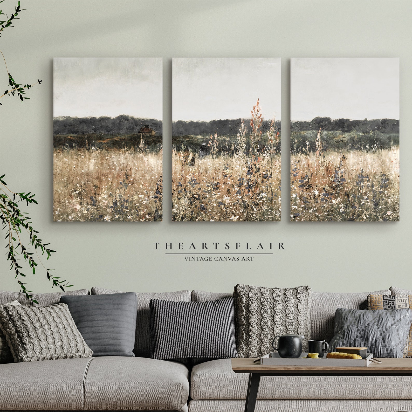 Wildflower Field Triptych: Rustic Landscape Framed Canvas Art Print - 24x36 inches, Wood