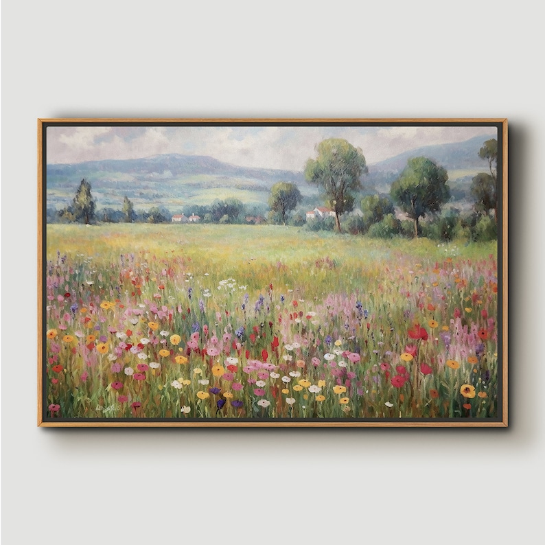 Wildflower Field Oil Painting Landscape Wall Art Print, Nature Framed Large Gallery Art, 36x24|24x16 Art Print (with hanging kit)