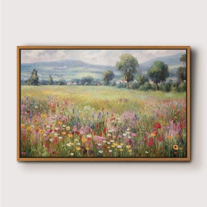 Impresión de arte de pared de paisaje de pintura al óleo de campo de flores silvestres, arte de galería grande enmarcado en la naturaleza, impresión de arte de 36x24/24x16 (con kit para colgar)