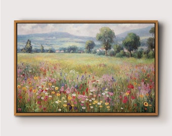 Wildflower Field Oil Painting Landscape Wall Art Print, Nature Framed Large Gallery Art, 36x24|24x16 Art Print (with hanging kit)