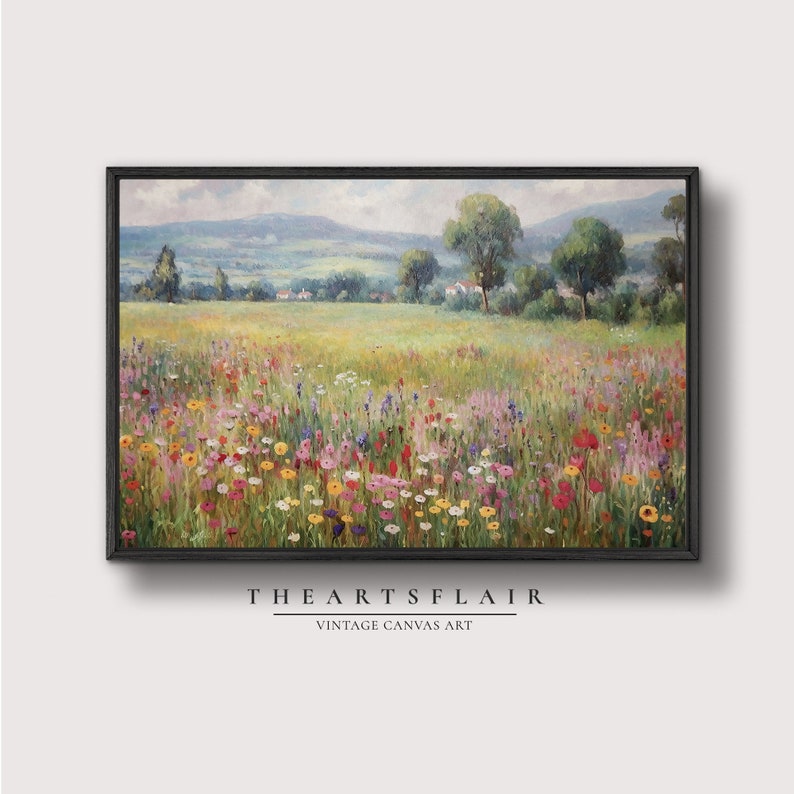 Wildflower Field Oil Painting Landscape Wall Art Print, Nature Framed Large Gallery Art, 36x24|24x16 Art Print (with hanging kit)
