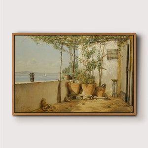 May include: A painting of a patio with potted plants and a view of the sea. The patio is covered by a vine-covered trellis. There is a small table and a chair on the patio.