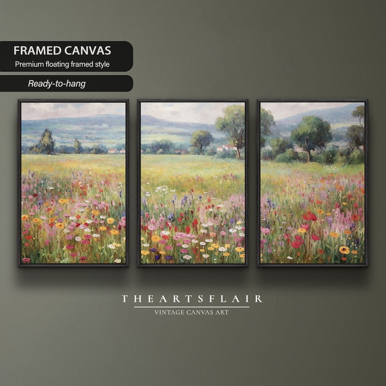 Vintage Wildflower Landscape Art Print Set of 3: Framed Gallery Wall ...
