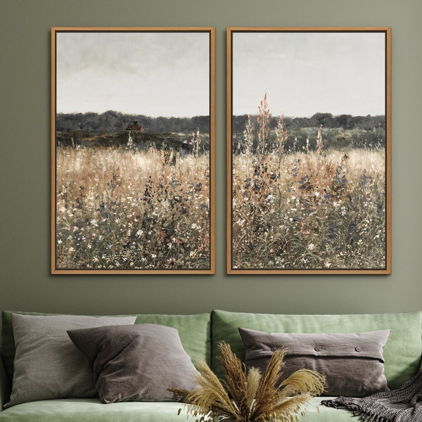 Wildflower Field Canvas Print Set of 2: Rustic Landscape Wall Decor